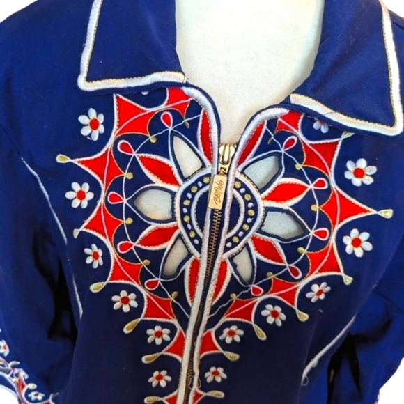Bob Mackie Lazer cut out embroidered navy with red/ white zip up jacket sz 1X - Picture 2 of 7